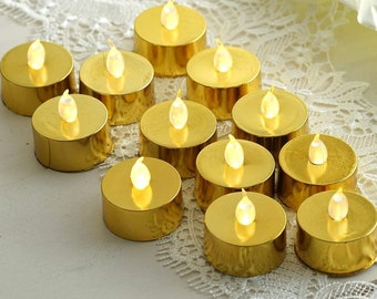 Metallic Gold LED Candles, Flameless Candles, LED Party Candles, Battery Candles, Tea Light Candles - 12 Pack