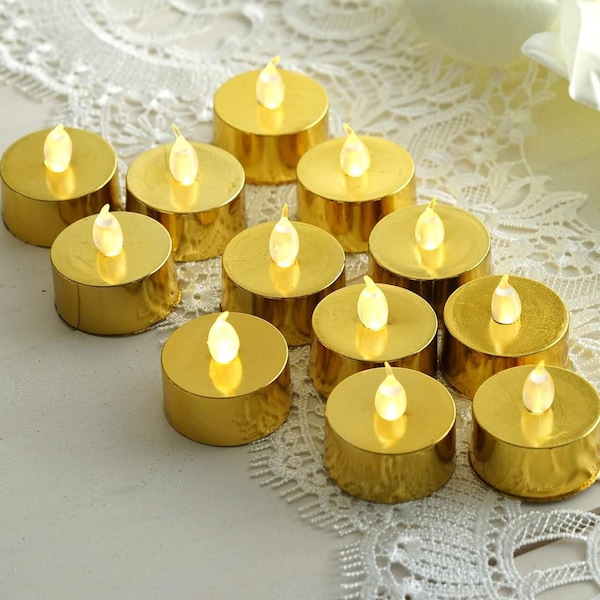 Metallic Gold LED Candles, Flameless Candles, LED Party Candles, Battery Candles, Tea Light Candles - 12 Pack