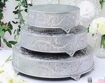 18" Embossed Round Cake Plateau, Silver Cake Stand, Metal Cake Stand, Cake Riser, Food Display, Wedding Cake Stand, Cake  Display Stand