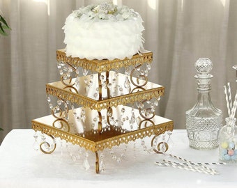 Butterflyevent 3 Tier Square Acrylic Crystal Beaded Chandelier Cake Stand For Birthday Wedding Party Cascade Cupcake Tower Wedding Centerpiece