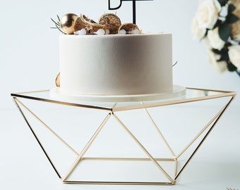 12" Geometric Cake Stand Gold Display Riser, Metal Cake Stand, Metal Cupcake Stand, Wedding Cake Stand with Square Glass Top, Cupcake Holder