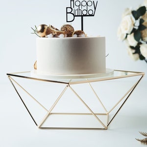 12&quot; Geometric Cake Stand Gold Display Riser, Metal Cake Stand, Metal Cupcake Stand, Wedding Cake Stand with Square Glass Top, Cupcake Holder