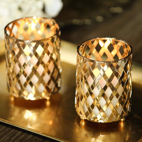 2 Pack - 4" Gold Geometric Candle Holder, Criss Cross Design Votive Holder, Tealight Holder, Table Decor