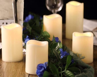 Set of 5 - Ivory Flickering Flameless LED Candles - Color Changing Battery Operated Pillar Candles With Remote - 4", 5", 6"