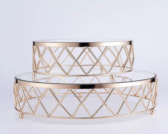 14" Round Gold Metal Geometric Cake Stand Display Riser with Glass Top, Cupcake Stand Holder, Wedding Cake Stand, Metal Cake Stand