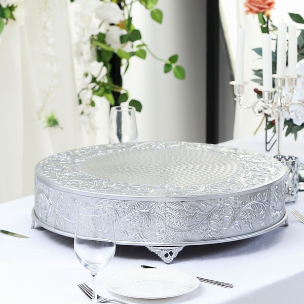 22" Embossed Round Cake Plateau, Silver Cake Stand, Metal Cake Stand, Cake Riser, Food Display, Wedding Cake Stand, Cake  Display Stand