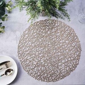 6 Pack | Metallic Champagne Woven Vinyl Placemats, Round Table Placemats, Non-Slip Table Mats For Dining, Coffee, Table Decor - 15inch