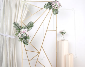 7ft Tall Gold Metal Geometric Wedding Backdrop Rectangle Floor Stand, Flower Stand Doorway Wall Prop With Cloudy Film Insert