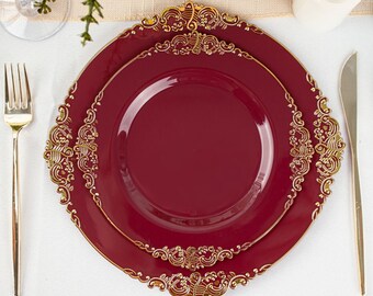 10 Pack | 8" Vintage Burgundy Gold Leaf Embossed Baroque Plastic Salad Plates, Disposable Appetizer Starter Plates, Dessert Plates