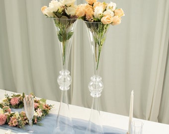 2 Pack | 27" Clear Trumpet Vase, Table Centerpiece, Reversible Plastic Flower Vase, Wedding Floral Centerpiece Vases, Crystal Embellishment