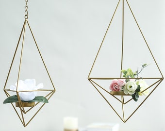 Set of 2 | Hanging Geometric Candle Holder Set, Gold Geometric Decor, Home Decor, Tea Light Holder - 12", 15"