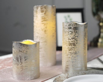 Metallic Silver Flameless Pillar Candles, Candle Pillars with Remote Timer for Table Decor, Home Decor, Candle Gift, Party Favors - 3 Pack