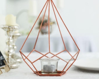 Pack of 2 - 9" Rose Gold Metal Pentagon Geometric Tealight Candle Holders - Geometric Flower Stand Centerpieces