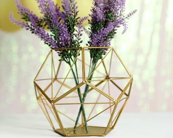 7" Gold Geometric Candle Holder - Metal Geometric Floral Holder Terrarium Centerpieces