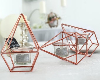 16" Geometric Candle Holder Set with Votive Glass Holders, Linked Metal Geometric Centerpieces, Geometric Decor, Table Centerpiece - Rose