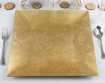 Set of 6 | 12" Gold Acrylic Charger Plates with Wooden Textured Design, Plate Chargers, Square Charger Plates, Dining & Serving, Reception