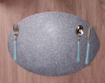 6 Pack | Silver Sparkle Placemats Non Slip Decorative Table Placemat, Oval With Glitter Sparkles