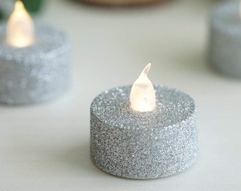 Silver Glitter LED Candles, Flameless Candles, LED Party Candles, Battery Candles, Tea Light Candles - 12 Pack