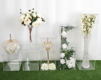 Set of 5 - Clear Acrylic Display Boxes, Pedestal Stand Riser, Column Pillar Plinth, Floral Centerpiece Riser, Floor Standing, Display Stand