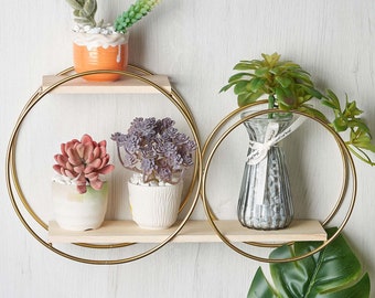 Double Circle Floating Wall Shelf, Gold Wall Hanging Home Decor Shelf, 2 Tier Display Wooden Shelf - 10"H x 18"L