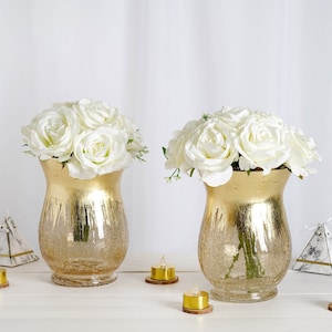 8&quot; Gold Glass Vase, Flower Vase, Hurricane Glass Vase, Crackle Glass Vase for Candles, Wedding Centerpiece, Modern Decor - Set of 2