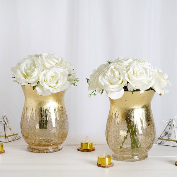 8" Gold Glass Vase, Flower Vase, Hurricane Glass Vase, Crackle Glass Vase for Candles, Wedding Centerpiece, Modern Decor - Set of 2