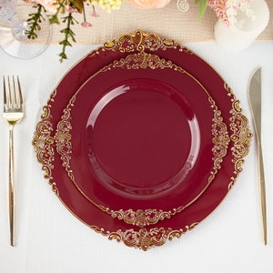 10 Pack | 8&quot; Vintage Burgundy Gold Leaf Embossed Baroque Plastic Salad Plates, Disposable Appetizer Starter Plates, Dessert Plates