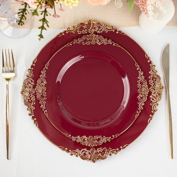 10 Pack | 8" Vintage Burgundy Gold Leaf Embossed Baroque Plastic Salad Plates, Disposable Appetizer Starter Plates, Dessert Plates