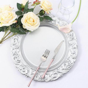 Set of 6 - 14&quot; Metallic Silver Plastic Charger Plates, Plate Chargers, Round Charger Plates, Dining & Serving, Engraved Baroque Design Rim