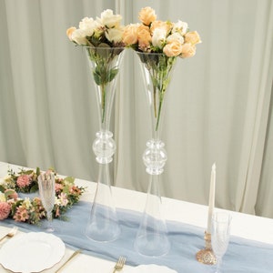 2 Pack | 27&quot; Clear Trumpet Vase, Table Centerpiece, Reversible Plastic Flower Vase, Wedding Floral Centerpiece Vases, Crystal Embellishment
