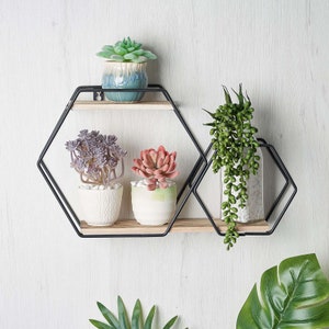 Hexagon Floating Wall Shelf, Modern Geometric Home Decor Shelf,  Rustic Display Hanging 2 Tier Wooden Shelf - 10&quot;H x 17&quot;L