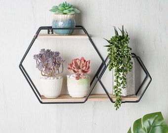 Hexagon Floating Wall Shelf, Modern Geometric Home Decor Shelf,  Rustic Display Hanging 2 Tier Wooden Shelf - 10"H x 17"L