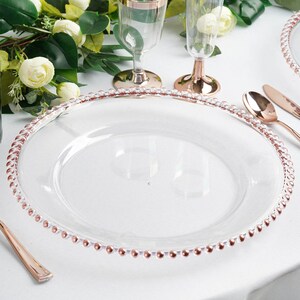 Set of 6 | 12inch Clear Acrylic Charger Plates with Rose Gold Beaded Rim, Plate Chargers, Round Charger Plates, Dining & Serving, Reception