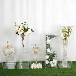 Set of 5 - Clear Acrylic Display Boxes, Pedestal Stand Riser, Column Pillar Plinth, Floral Centerpiece Riser, Floor Standing, Display Stand