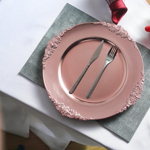 Set of 6 | 13&quot; Rose Gold Baroque Acrylic Charger Plates with Leaf Embossed Rim, Plate Chargers, Round Charger Plates, Dining & Serving,