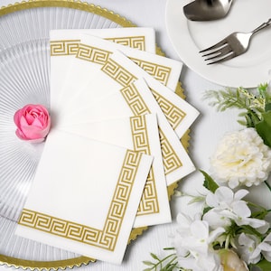20 Pack | 10&quot;x10&quot; White Airlaid Paper Cocktail Napkins Soft Linen Like Napkin With Gold Greek Key Design, Dinner Napkins