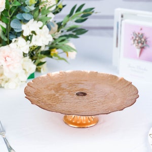 14" Rose Gold Round Pedestal Glass Cake Stand, Cupcake Holder Dessert Display, Wedding Cake Stand, Footed Glass Cake Plate - Scalloped Edge