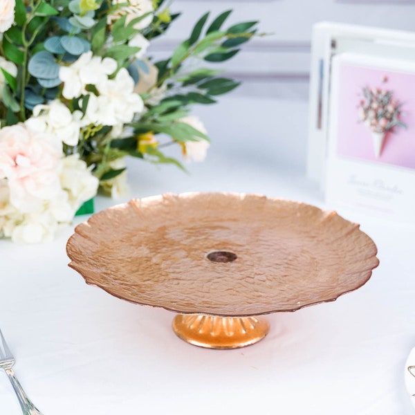 14" Rose Gold Round Pedestal Glass Cake Stand, Cupcake Holder Dessert Display, Wedding Cake Stand, Footed Glass Cake Plate - Scalloped Edge