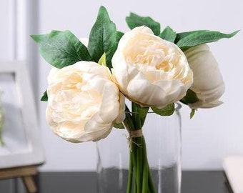 10" Beige Silk Peony Bouquet Artificial Flowers, Wedding Flowers Faux Peonies Centerpiece Floral Arrangement Office Home Decor