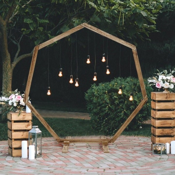 7ft Wooden Wedding Arch Heptagonal Garden Arbor, Rustic Backdrop Stand For Photo Booth, Boho Wedding Arch, Rustic Wedding Decor - Natural