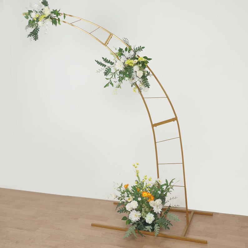 8ft Gold Metal Crescent Moon Wedding Arch Photography Backdrop Stand, Curved Design Flower Balloon Frame, Collapsible Arbor Stand With Base image 6