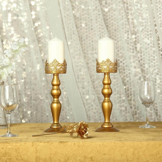 Set of 2 14 Tall Gold Hurricane Candle Holder Set Lace Design With