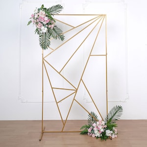 6ft Tall Gold Metal Geometric Wedding Backdrop Rectangle Floor Stand, Flower Stand Doorway Wall Prop With Cloudy Film Insert