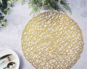 6 Pack | Gold Metallic Woven Vinyl Placemats, Non-Slip Table Mats For Dining - Round 15"