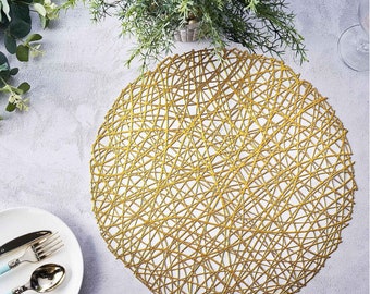 6 Pack | Gold Metallic Woven Vinyl Placemats, Non-Slip Table Mats For Dining - Round 15"