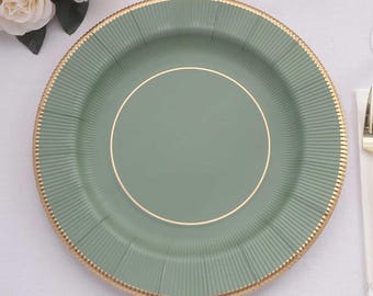 Paquete de 25 platos base redondos desechables de 33 cm (13 pulgadas), color verde salvia, diseño de rayos de sol con borde dorado - Manteles individuales de papel resistente de 350 g/m²