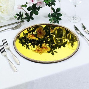 Set of 2 | 13&quot; Round Gold Mirror Glass Charger Plates with Rhinestone Rim, Wedding Table Decor