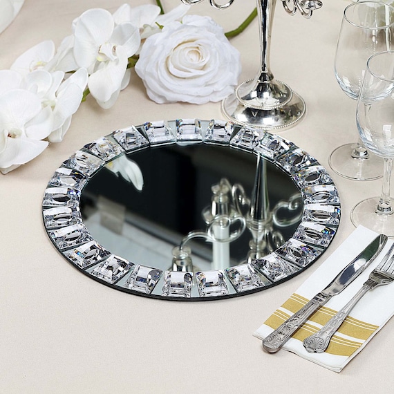 Set of 2 13 Silver Jeweled Rim Premium Glass Mirror Charger Plates