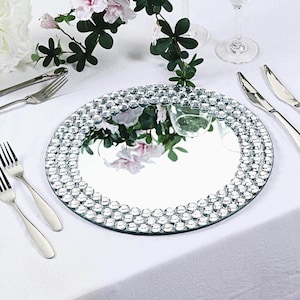 2-Pack Mirror Glass Charger Plates 13&quot;, Round Silver Mirror Diamond Beaded Rim - Upscale Decorative Chargers