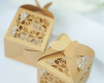25 Pack | Gold Butterfly Top Laser Cut Lace Print Wedding Favor Boxes, Gift Boxes, Candy Boxes, Baby Shower Favor Boxes - 2"L x 2"W x 3"H